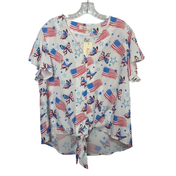 Roshop Patriotic Shirt Blouse Womens XL White Red Blue New Butterfly Flags - Picture 1 of 10